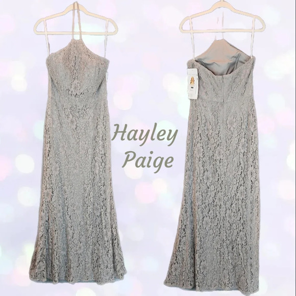 Hayley Paige Maxi Dress Womens Sz 8 Haze Corded Floral Lace Halter Hook & Loop - Picture 1 of 13